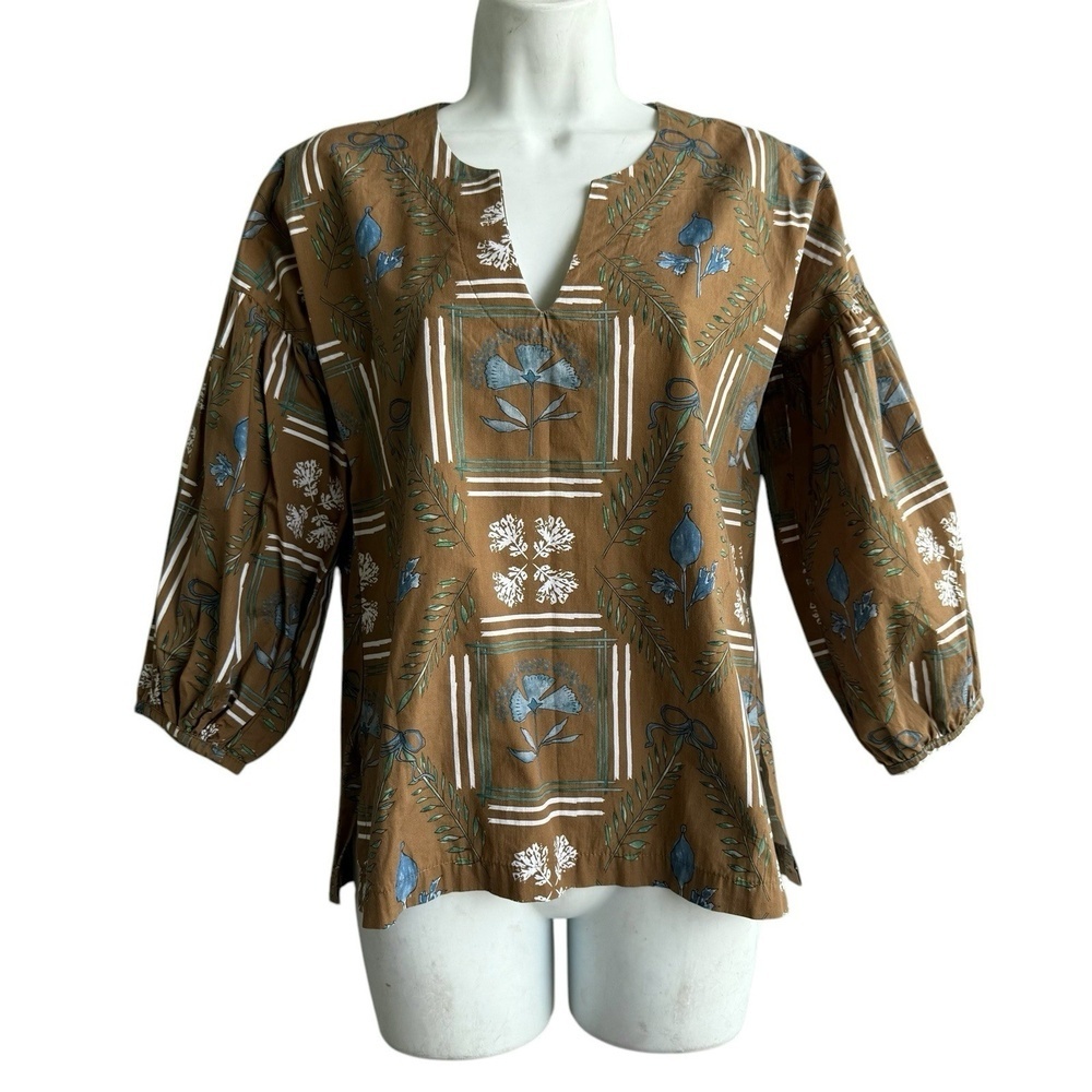 BROOKE WRIGHT Floral Popover Poplin Blouse V-Neck Multicolor 3/4 Sleeve Size S